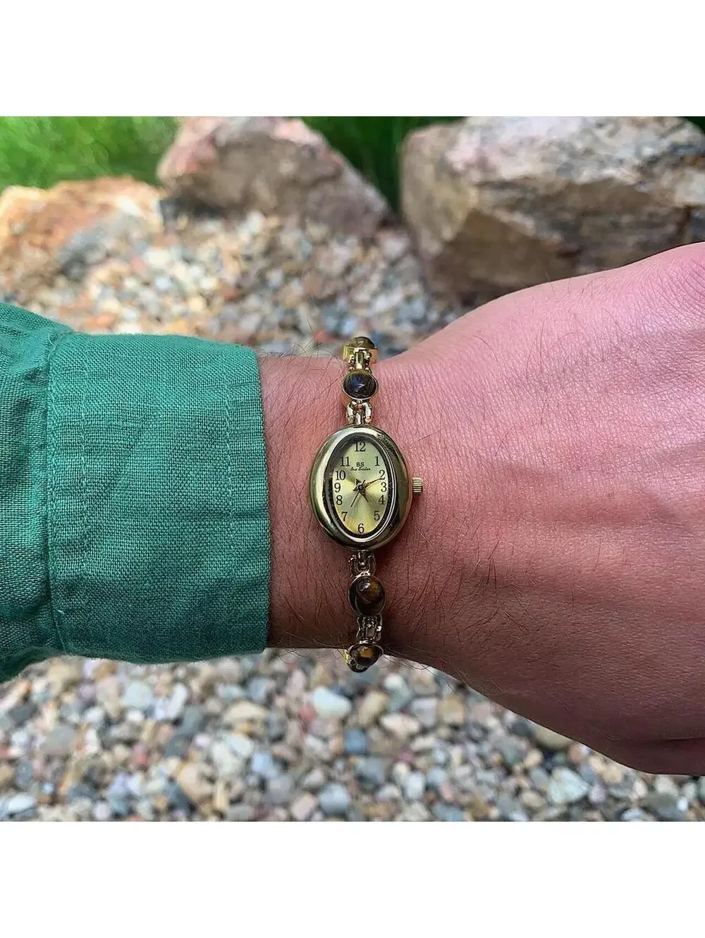 Boho Indie Gold style tone quartz watch with glass brown jade stone opal